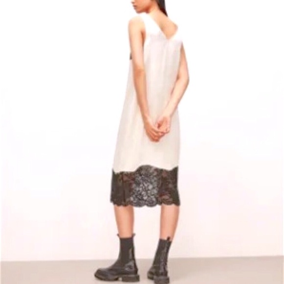 NWT ALL SAINTS Celeste Cream Satin Black Lace Boho Midi Shift Dress 10 MSRP $249 - Picture 4 of 12
